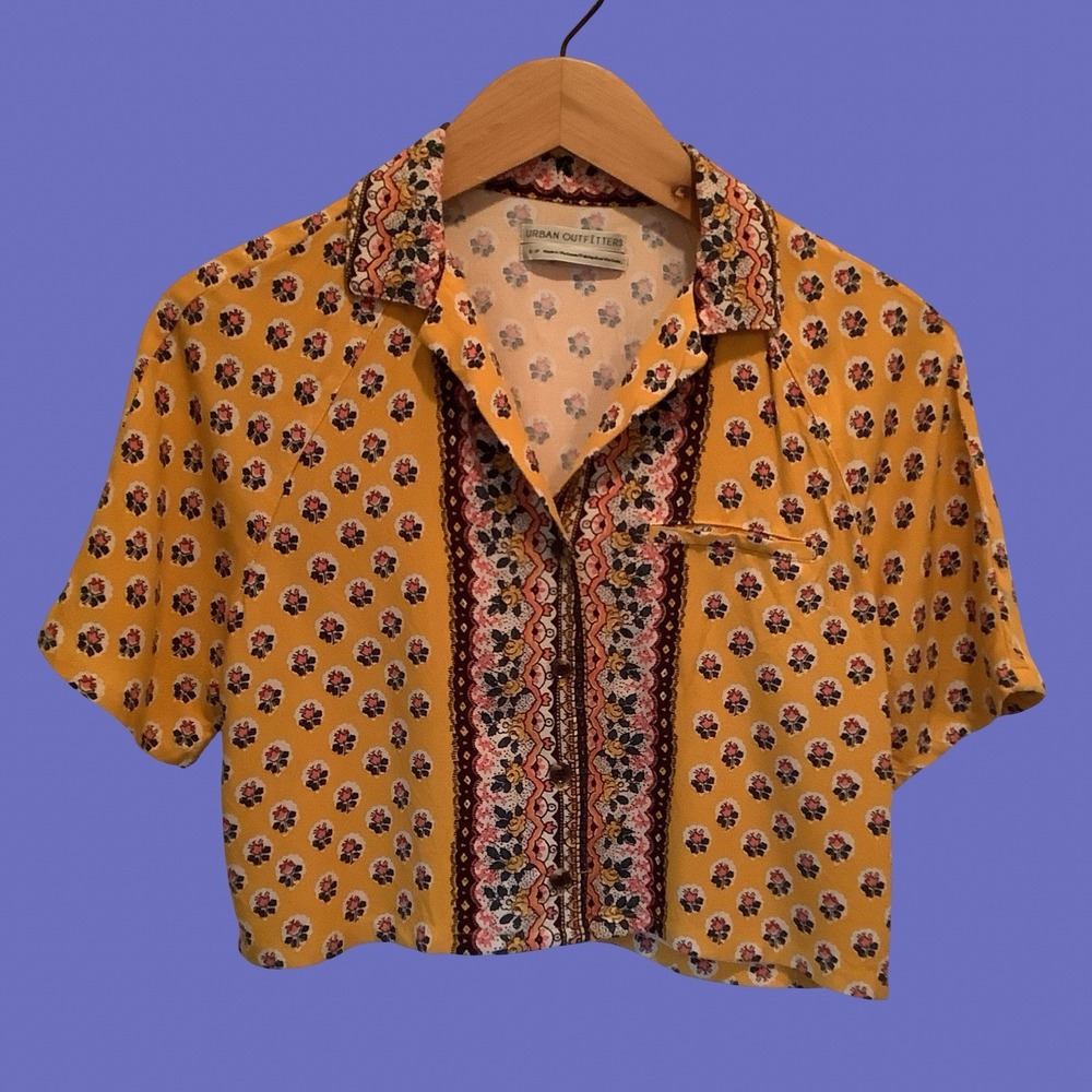 Urban Outfitters Yellow Floral Cropped Button-Up Top Short Sleeve Boho Blouse S
